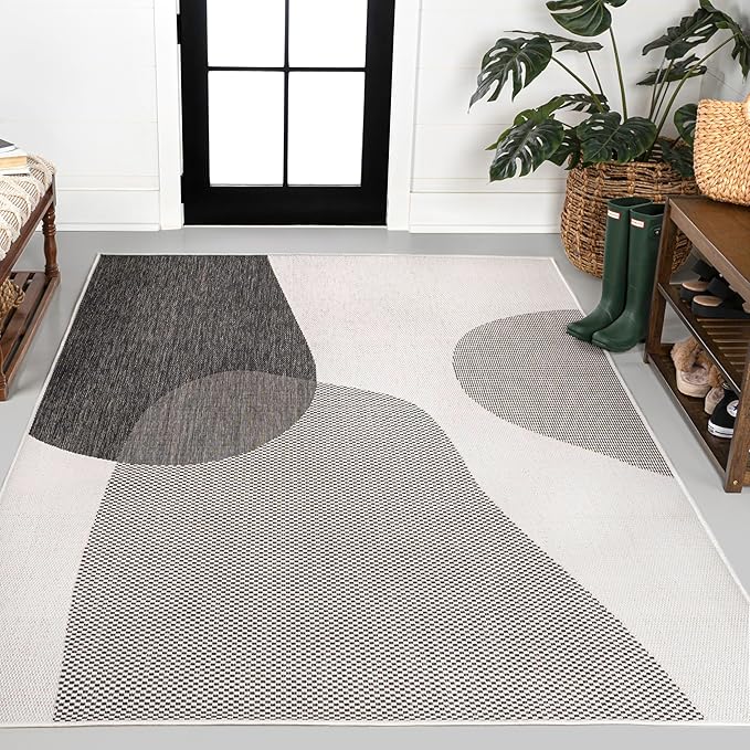 JONATHAN Y Geometric Organic Shapes Indoor Outdoor Area Rug 3X5 Cream/Black, Zia Modern for Backyard, Patio, Porch, Easy-Cleaning, High Traffic, Pet-Friendly, Non-Shedding (TSN306A-3)