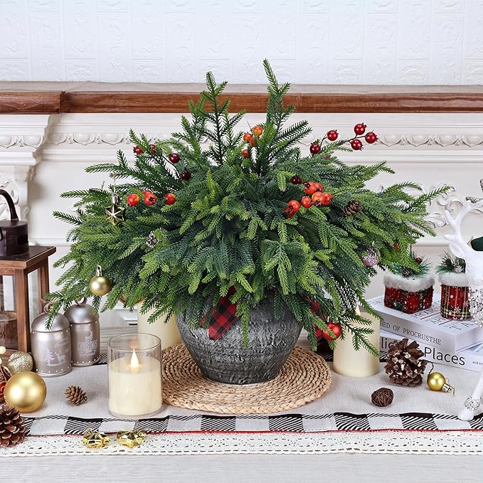 24 Pcs Pine Branches Artificial Green Pine Stem - Real Touch Christmas Greenery Pines Branch for Vase DIY Crafts Flower Arrangement Home Indoor Christmas Decor(18 Inch)