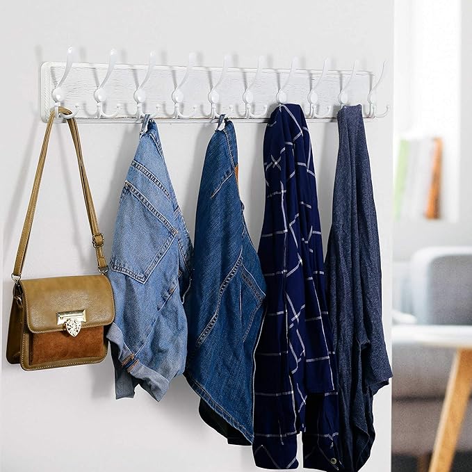WEBI Coat Rack Wall Mount White,38 9/16" Long Coat Hooks Wall Mounted,Large Wall Coat Hanger,10 Tri Hooks for Hanging Coats,Clothes,Jacket,White