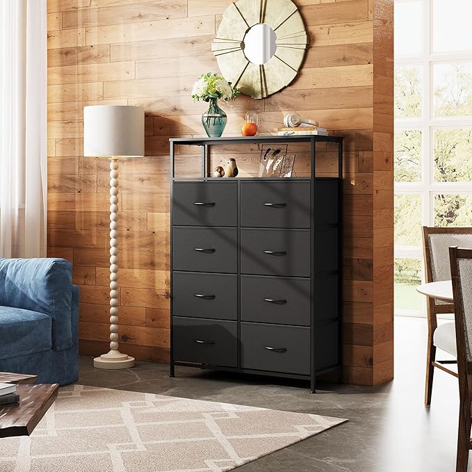 WLIVE Fabric Dresser for Bedroom with Open Shelves, Tall White Dresser with 8 Drawers, Storage Tower with Fabric Bins, Chest of Drawers for Closet, Hallway