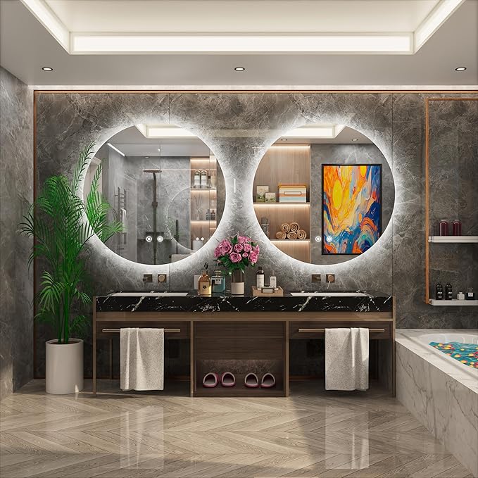 42" Round LED Bathroom Mirror, Backlit Vanity Larege Round Bathroom Mirror with Lights, LED Lighted, Dimmable, Anti-Fog, Touch, 3000K/4500K/6000K