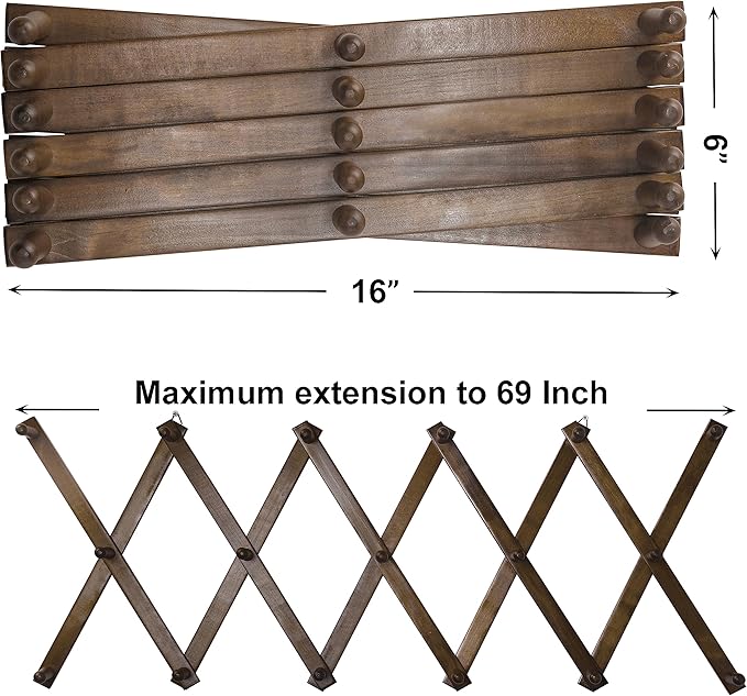 SKOLOO Hat Rack for Wall with 17 Hooks, Solid Wooden, Modern, Expandable Coat Rack Wall Mount for Coats, Hats, Bags, Baseball Caps, Walnut Color