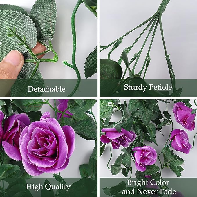 RECUTMS 2Pieces 3.3Ft Fake Hanging Flowers Artificial Rose Plants Wall Décor Wedding Home Garden Decoration (Purple)