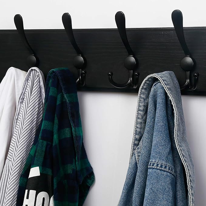 Dseap Coat Rack Wall - Heavy-Duty 38-1/4" Long, with Reinforced 10 Custom Tri-Hooks, Solid Wood Wall Hanger for Coats Hat Jackets - Rustic Farmhouse Entryway Storage, Black, Pack of 2