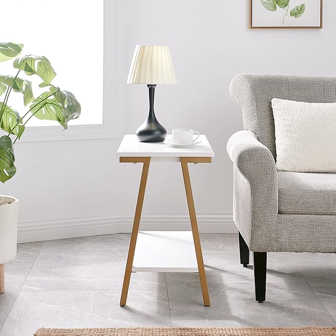 Leick Home 214312 Empiria Narrow Side Table with Shelf and Metal Frame, Wood End Table for Living Room Bedroom, White