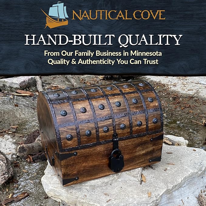Nautical Cove Handmade Pirate Treasure Chest for Kids Prizes & Classroom with Lock and Skeleton Keys – Lockable Wooden Storage Chest Box, Pirate Decor, Decorative Wooden Box - X-Large 16x11x10.5