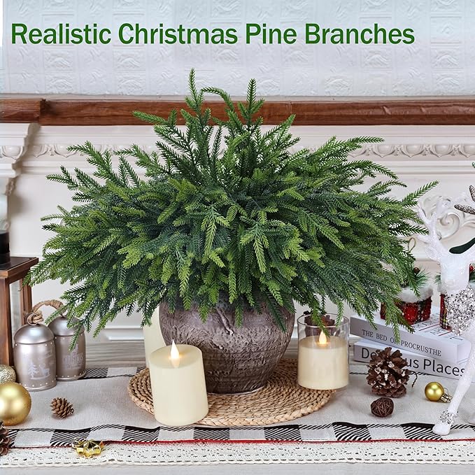 12 Pcs Realistic Christmas Pine Branches Artificial Lifelike Green Pine Stem - Real Touch for Vase DIY Crafts Flower Arrangement Home Indoor Christmas Decor(18 Inch)