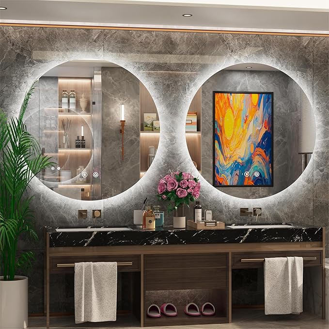 42" Round LED Bathroom Mirror, Backlit Vanity Larege Round Bathroom Mirror with Lights, LED Lighted, Dimmable, Anti-Fog, Touch, 3000K/4500K/6000K