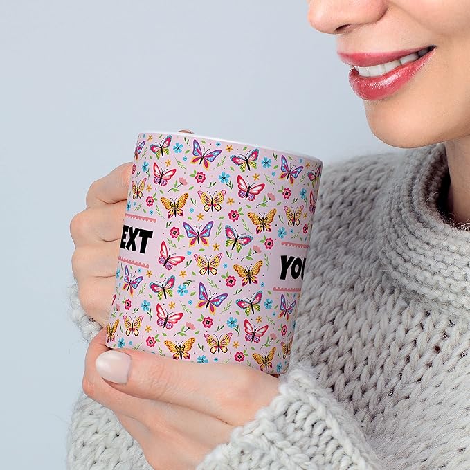 Personalized Mug for Kids - Butterflies - Custom Name/Text, Ceramic Hot Chocolate/Cocoa/Coffee Cup for Girls, Birthday/Christmas/Holiday Gift - 11 oz, Light Blue Handle