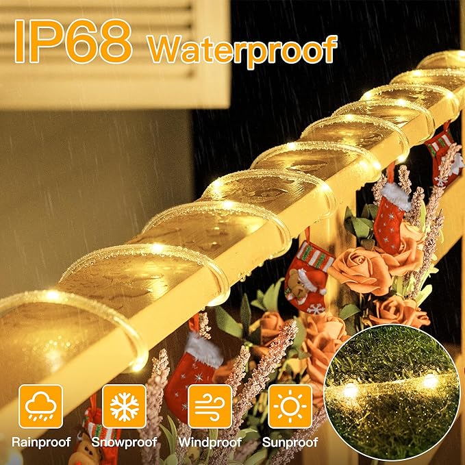 Ollny Rope Lights 33FT 100 LED, USB Power Warm White String Lights with Remote, 8 Modes IP68 Waterproof Timer Christmas Lights for Bedroom Indoor Wall Party Wedding Decor