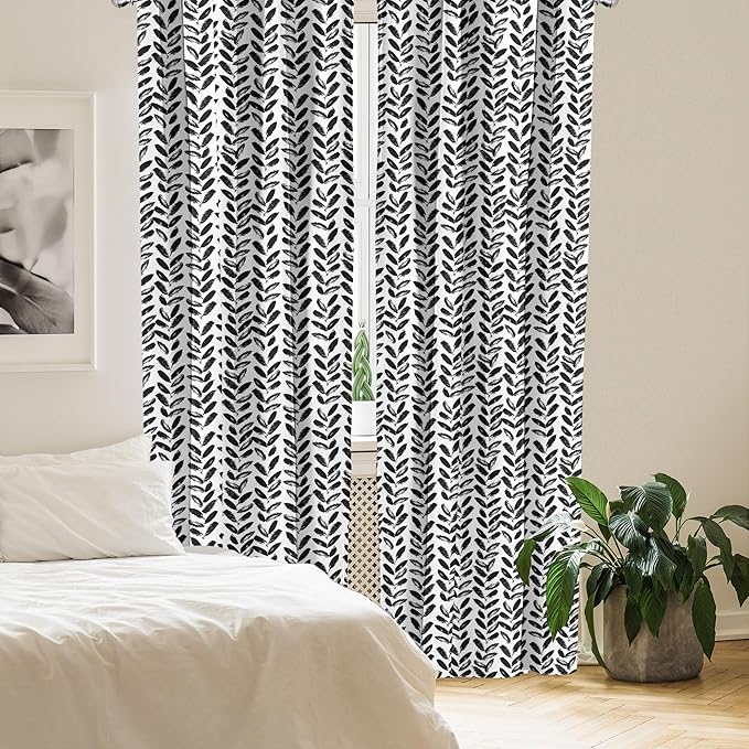 Ambesonne Black and White Window Curtains Pack of 2, Modern Grunge Botany Motif Monochrome Brush Paint Style Strokes, Lightweight Set with Rod Pocket, 4 Panels of - 28" x 95", White and Black