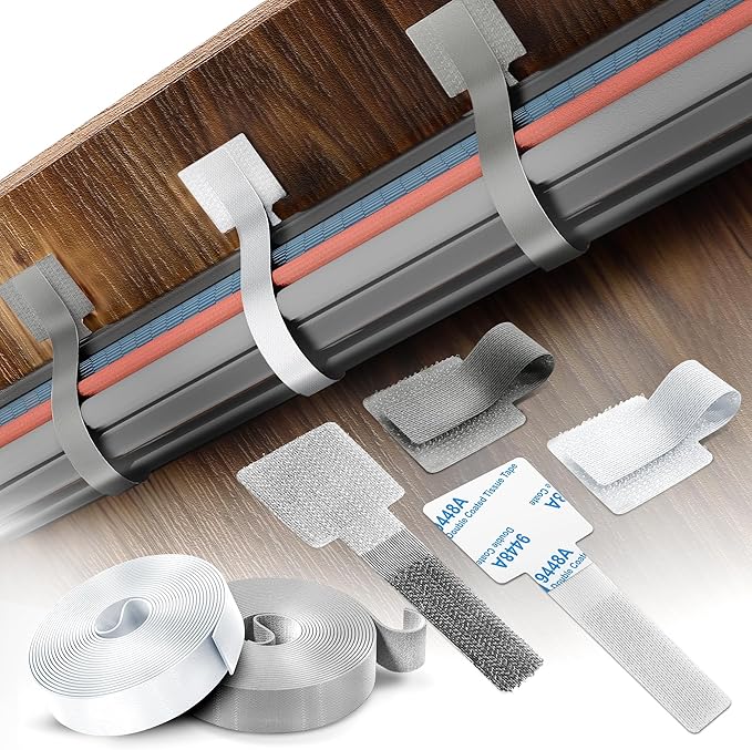 Cable Management Kit – 40 Self-Adhesive Hook & Loop Cable Ties with 2 Extension Straps, Strong Adhesive Cord Organizer for Desk, Wall, Home & Office, Adjustable Wire Holders, Grey & White