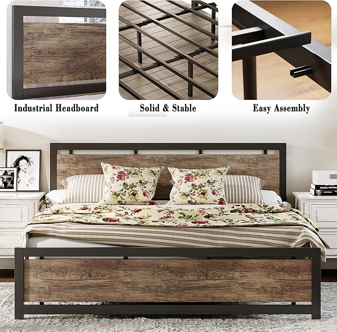 LIKIMIO King Bed Frame with Headboard and Footboard, Metal Strong Supports, Easy Assembly, Noise-Free, No Box Spring Needed, Walnut