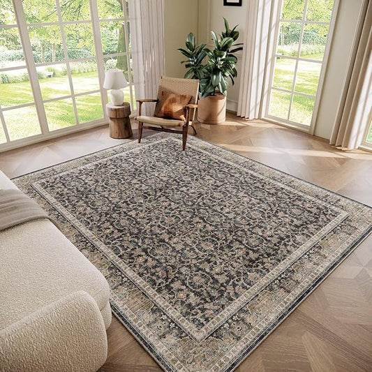 Washable 5x7 Area Rugs for Living Room, Boho Non-Slip Silicone Backing Rugs for Bedroom Dining Room Nursery Office, 0.3" Neutral Oriental Throw Carpet with 0.16" Cushioning Pad, Black/Multi