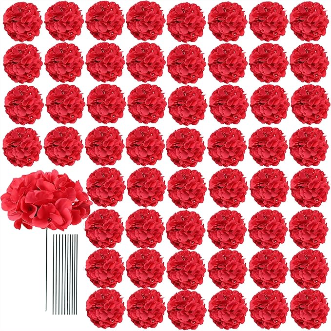 AVIVIHO 65pcs Fake Flowers Red Hydrangea Artificial Flowers Bulk (Not Squished, No Steaming Need) Fake Hydrangeas Silk Flowers with Stems for Party Home,Indoor or Outdoor, DIY Florals Decorations