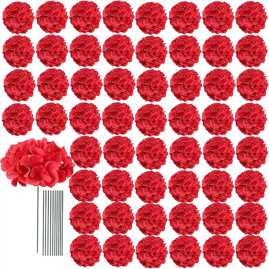 AVIVIHO 65pcs Fake Flowers Red Hydrangea Artificial Flowers Bulk (Not Squished, No Steaming Need) Fake Hydrangeas Silk Flowers with Stems for Party Home,Indoor or Outdoor, DIY Florals Decorations
