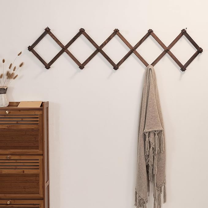 SKOLOO Accordion Wall Hanger with 16 Hooks, Modern Expandable Coat Rack Hat Rack for Wall, Solid Wooden, Walnut Color