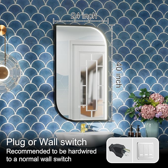 40x24 Inch Black LED Bathroom Mirror, Adjustable 3000K/4500K/6000K, Irregular Framed Lighted Bathroom Vanity Mirror with Lights, Anti-Fog, Stepless Dimmable, Wall Mounted
