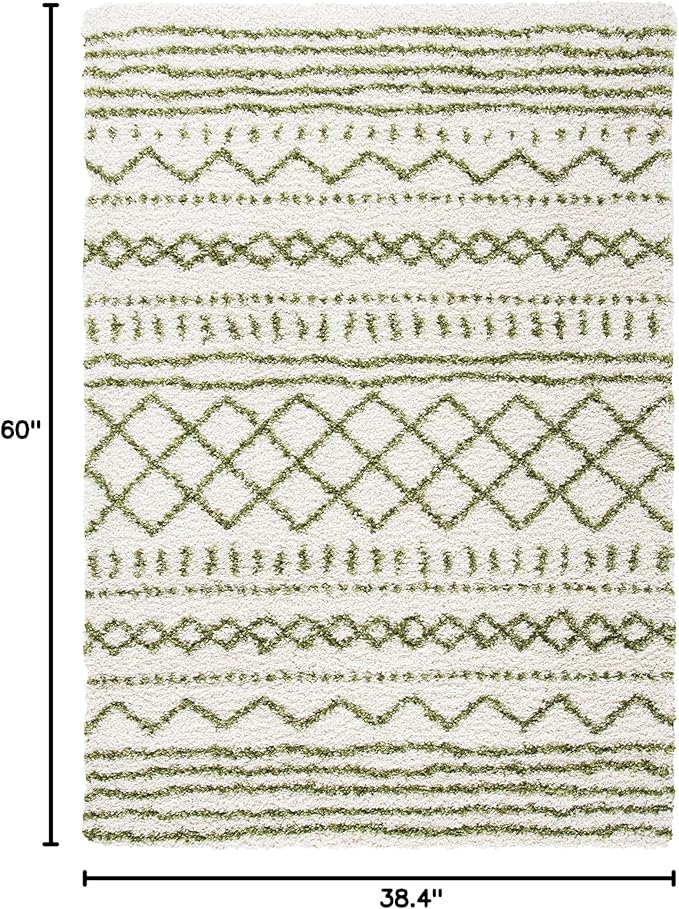 SAFAVIEH Arizona Shag Collection Accent Rug - 3'2" x 5', Ivory & Green, Moroccan Design, Non-Shedding & Easy Care, 1.6-inch Thick Ideal for High Traffic Areas in Foyer, Living Room, Bedroom (ASG741Y)