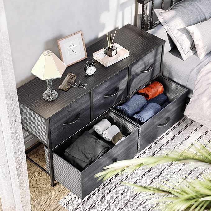 YITAHOME Dresser with 5 Drawers - Fabric Storage Tower, Organizer Unit for Bedroom, Living Room, Closets - Sturdy Steel Frame, Wooden Top
