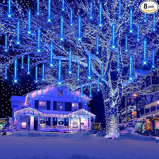 Kwaiffeo Blue Icicle Lights Outdoor, Waterproof Meteor Shower Lights for Christmas Halloween Yard Decorations Outside, UL Plug, 8-Tube
