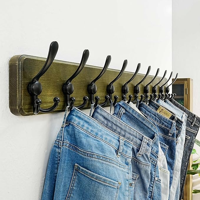 Dseap Coat Rack Wall - Heavy-Duty 38-1/4" Long, with Reinforced 10 Custom Tri-Hooks, Solid Wood Wall Hanger for Coats Hat Jackets - Rustic Farmhouse Entryway Storage,Weathered Green & Black,Pack of 2