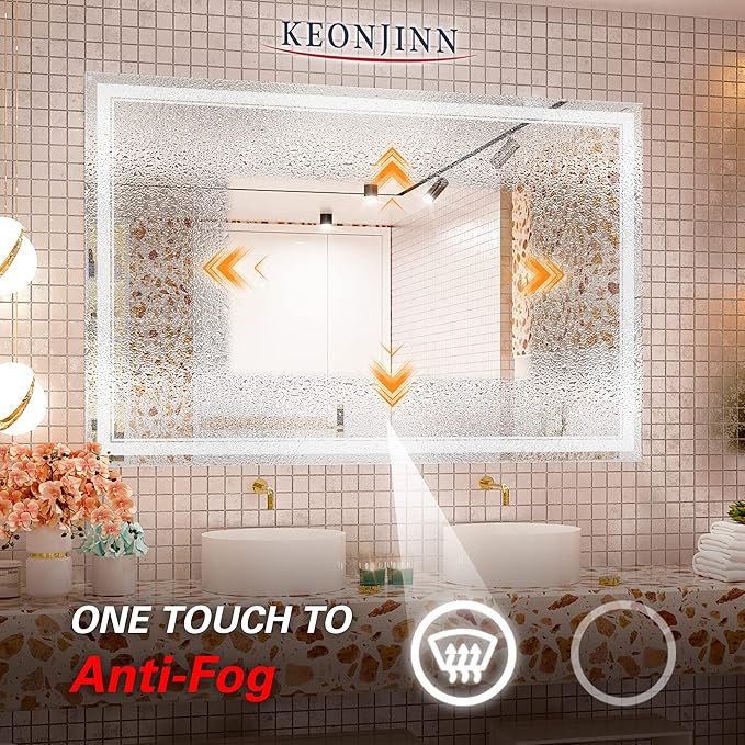 Keonjinn LED Bathroom Mirror with Lights, 60 x 40 Inch, Dimmable, Anti-Fog, Waterproof, Wall Mounted, Home Mirror