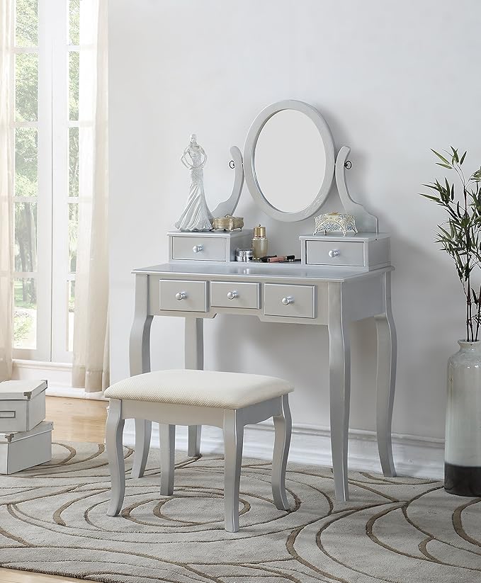 Roundhill Furniture Ashley Silver Wood Makeup Vanity Table and Stool Set, Sliver