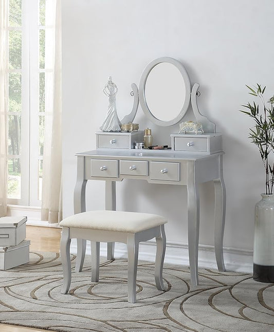 Roundhill Furniture Ashley Silver Wood Makeup Vanity Table and Stool Set, Sliver