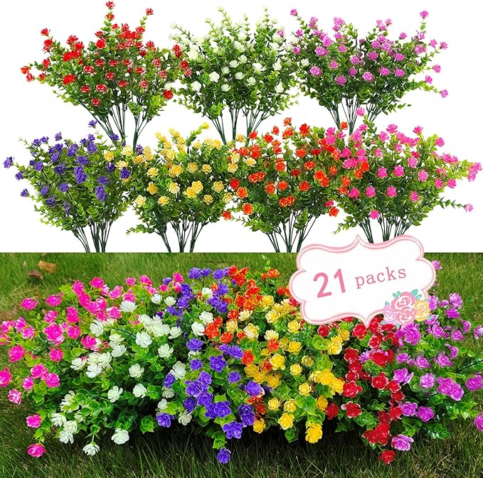 21 Bundles Outdoor Faux Plants UV Resistant Faux Bushes Plastic Artificial Flowers Fake Outdoor Plants for Home Garden Decor (7 Colors)