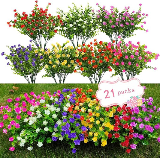 21 Bundles Outdoor Faux Plants UV Resistant Faux Bushes Plastic Artificial Flowers Fake Outdoor Plants for Home Garden Decor (7 Colors)