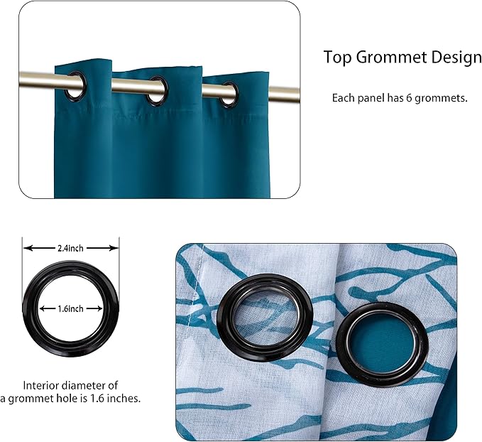 BONZER Mix and Match Curtains - 2 Pieces Branch Print Sheer Curtains and 2 Pieces Blackout Curtains for Bedroom Living Room Grommet Window Drapes, 37x84 Inch/Panel, Teal, Set of 4 Panels