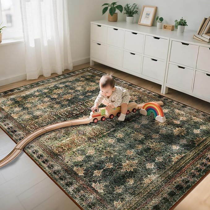 Large 8x10 Washable Area Rug for Living Room, No Shedding Vintage Floral Print Rugs Non Slip, Indoor Thin Retro Accent Carpet for Bedroom Farmhouse Dining Room(Dark Green/Brown/Multi)