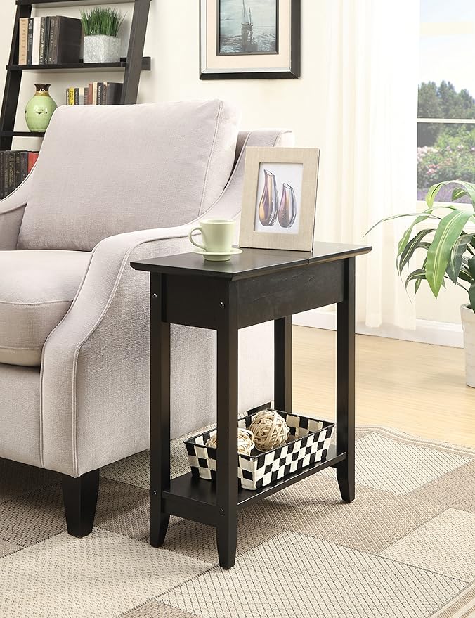 Convenience Concepts American Heritage Flip Top End Table 23.25" - Classic Narrow Chairside Accent with Hidden Storage & Lower Shelf for Traditional, Modern Living Room, Black