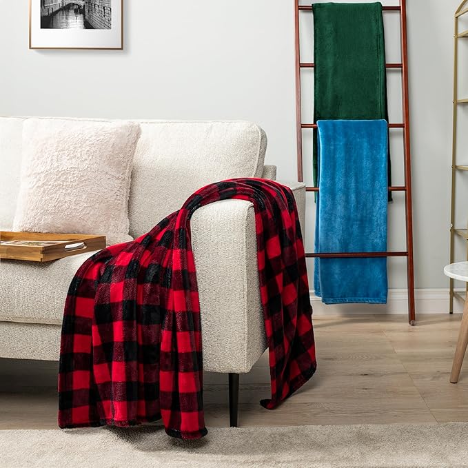 PAVILIA Black and Red Buffalo Plaid Fleece Throw Blanket for Couch, Soft Checkered Flannel Blanket for Sofa, Plaid Christmas Couch Throw Bed, Warm Cozy Decorative Blanket Fall Decor Gift, 60x80