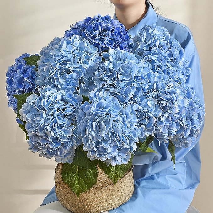 MARTINE MALL 2Pcs 21in Hydrangea Artificial Flowers, Latex Real Touch Hydrangeas Lifelike Large Hydrangea Flowers for Home Decor Party Arrangements Wedding Bouquets Centerpieces (Blue)