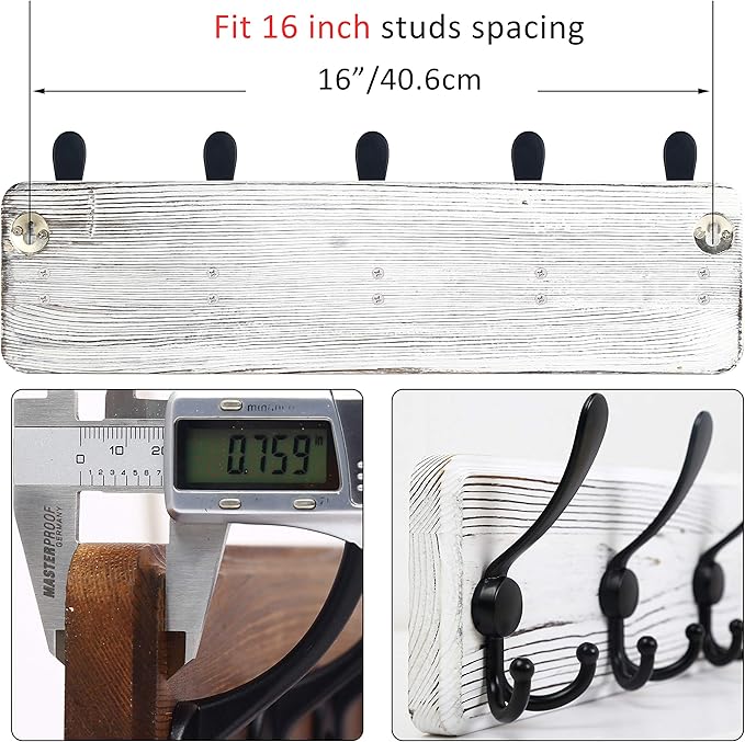 WEBI Coat Rack Wall Mount,Wood Coat Hooks Wall Mounted Coat Hanger,16" Hole to Hole,Wall Hook Rack Rail,5 Triple Hooks for Hanging Coats,Clothes,Jacket,Hats,Entryway,Black/White,2 Packs