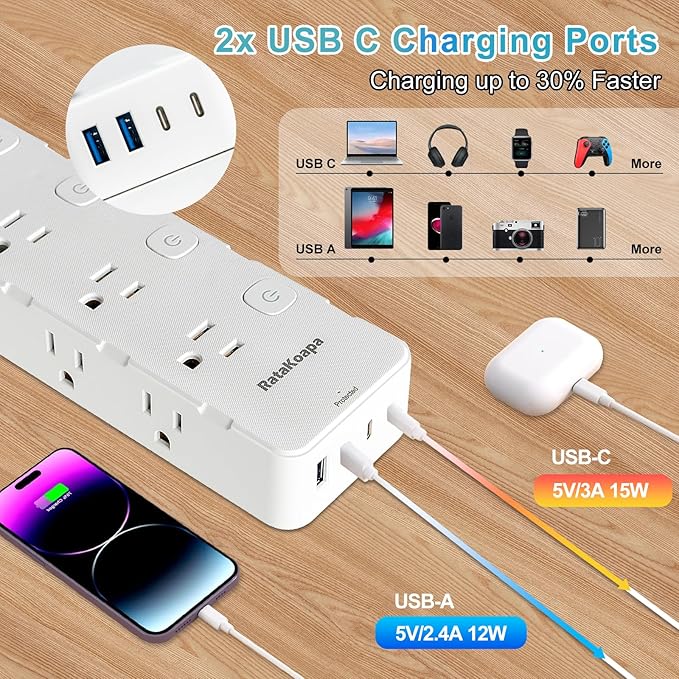 10 Ft Surge Protector Power Strip - 8 Widely AC Outlet 4 USB Ports(2 USB C), Flat Plug Extension Cord with Multiple Outlets, Individual Switches, Desk Extender for Dorm, Home, Office Essentials, 1400J