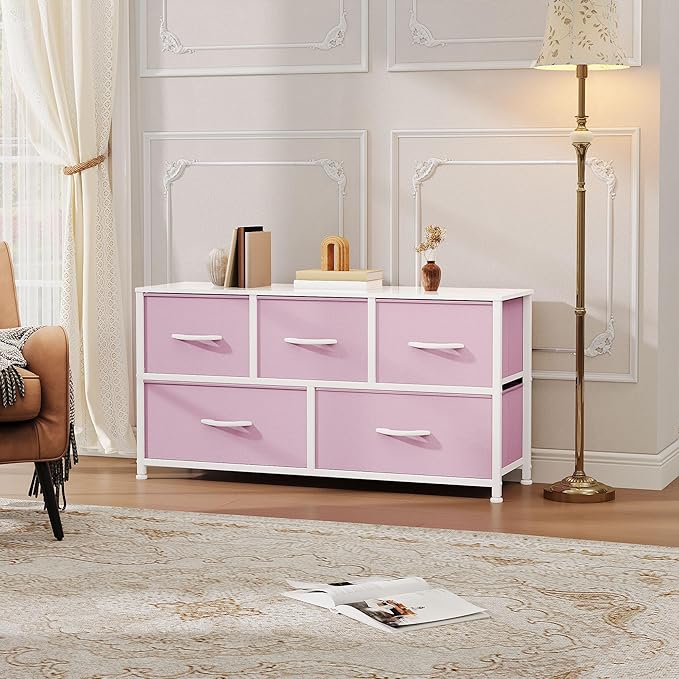 DWVO Dresser for Room with 5 Drawers - Fabric Storage Tower, Long Fabric Dresser, Organizer Unit for Closet, Hallway