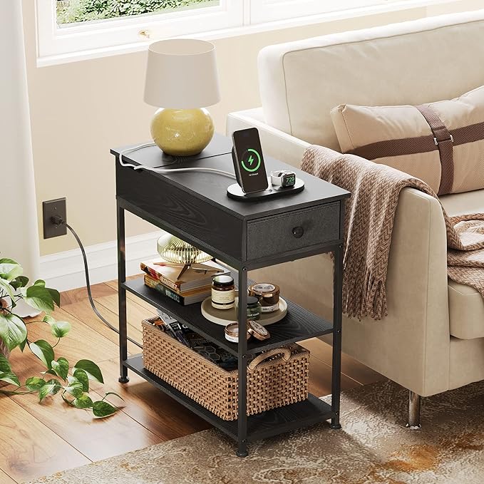 WLIVE Narrow Side Table with 2 USB Ports and 2 Outlets, Flip Top End Table with Drawer and Storage Shelves, Small Nightstand with Charging Station for Living Room/Bedroom, Black
