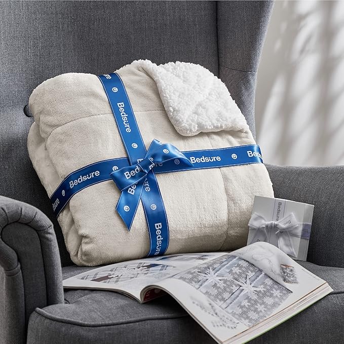 Bedsure GentleSoft Sherpa Fleece Throw Blanket for Couch - Thick and Warm Throw for Women and Men, Soft Fuzzy Plush Blanket for Winter, Linen, 50x60 Inches