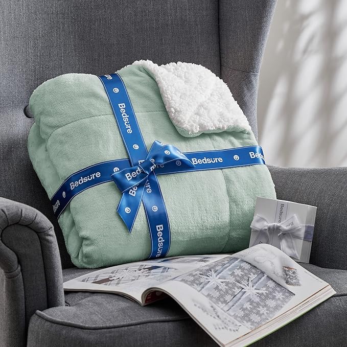 Bedsure GentleSoft Sherpa Fleece Throw Blanket for Couch - Thick and Warm, Soft Fuzzy Plush Throw Blanket for Winter, Sage Green, 50x60 Inches
