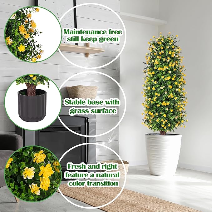 Sunnyglade 2 Packs Artificial Rose Tree 3FT- Fake Floral Plant Tree in Pot- Decorative Topiary Plant - Cement Filled Potted Faux Flower Plant for Home Office Porch Decor Indoor Outdoor(Yellow)