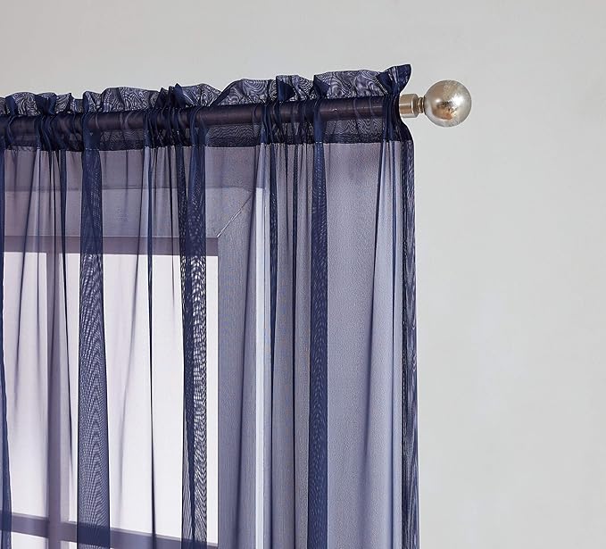 LINENZONE Pair of 2 Rod Pocket Short Window Treatments. Great Farmhouse Style Sheer Curtains for Living Room, Bedroom, Dining Room, Patio or Canopy Bed. (Amazing Sheers - 56" W x 63" L, Blue Navy)