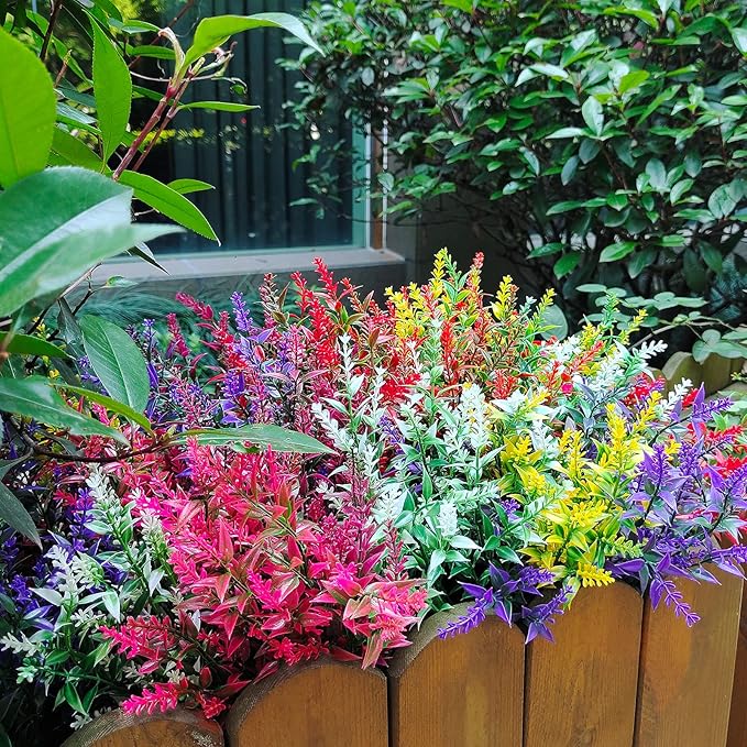 21 Bundles Faux Plants Outdoor Fake Flowers Artificial Flowers Fake Shrubs Greenery Bushes Bouquet UV Resistant Faux Bushes Plastic for Home Garden Decor (7 Colors)