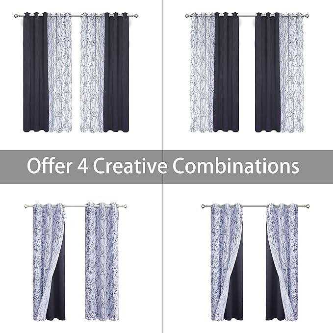 BONZER Mix and Match Curtains - 2 Pieces Branch Print Sheer Curtains and 2 Pieces Blackout Curtains for Bedroom Living Room Grommet Window Drapes, 37x84 Inch/Panel, Grey Dark, Set of 4 Panels