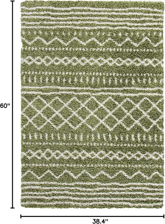 SAFAVIEH Arizona Shag Collection Accent Rug - 3'2" x 5', Green & Ivory, Moroccan Design, Non-Shedding & Easy Care, 1.6-inch Thick Ideal for High Traffic Areas in Foyer, Living Room, Bedroom (ASG741X)
