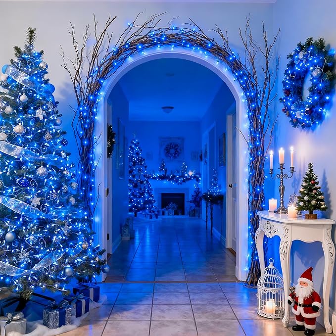 JMEXSUSS 33ft 100 LED Blue Christmas Tree Lights, Battery Operated Christmas Lights with 8 Modes Remote Waterproof Outdoor Indoor for Halloween Christmas Outside Decorations