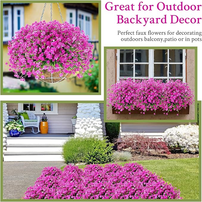 Hoteam 40 Bundles Outdoor Artificial Flowers Plants UV Resistant Outside Faux Flowers Plastic Fake Plants Outdoor Summer Fall Four Seasons Decoration Shrubs Garden Porch, Purple Red