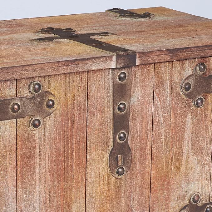 Household Essentials Decorative Trunk, Victorian, Large, Chinese Fir Wood, Aged-Wood Finish with Metal Accents, Fully Opening Lid, Stout Design, Ring Handles